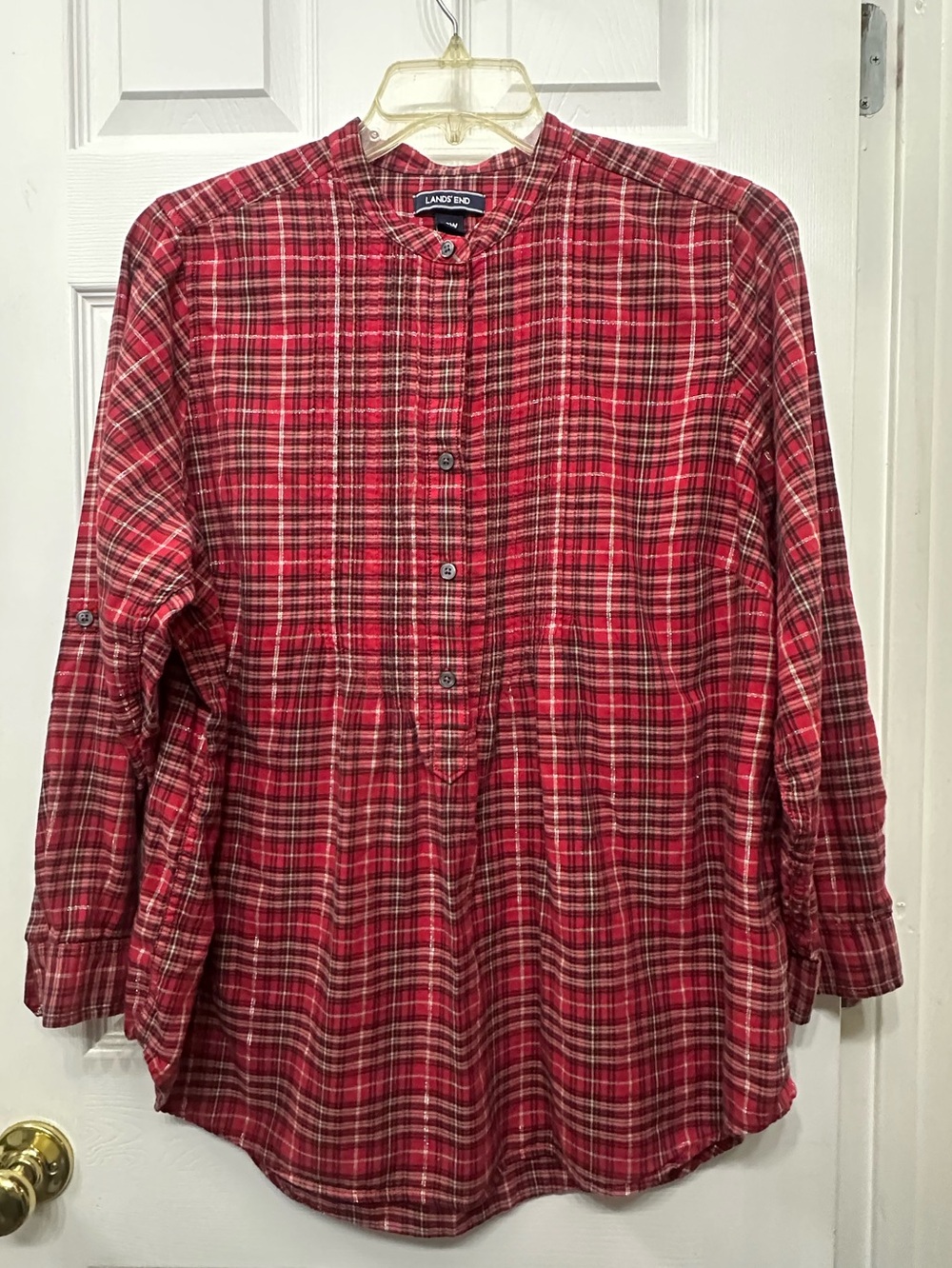 Lands' End Red Plaid Pintuck Tunic Blouse Roll-Tab Sleeve Women's Plus Size 18W